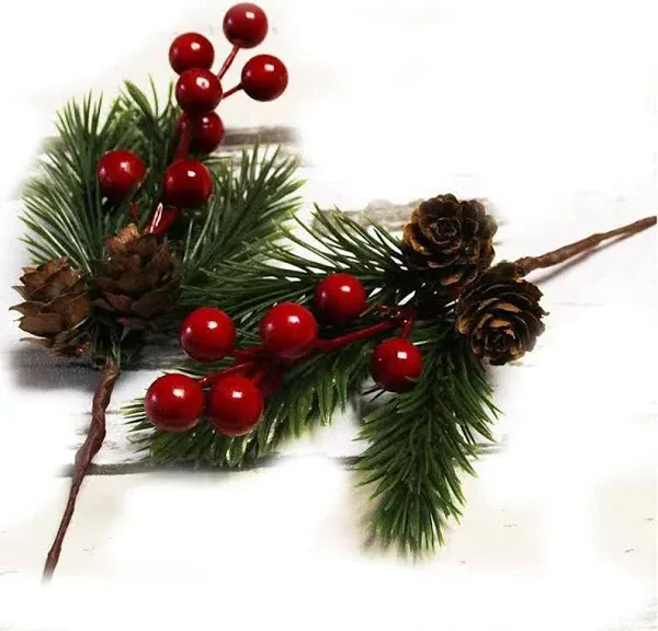 Pine Cone Red Berry Picks Stems Crafts Branch Christmas Wreath - 10Packs, Holly