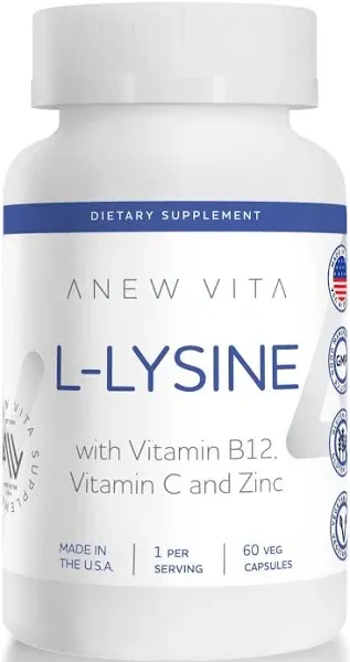 L-Lysine Supplement with Vitamin B12 + C + Zinc for Lip, Mouth, and Oral Tissue Health - Enhanced Wellness Support - Non-GMO, Gluten-Free - Made in USA - 60 Vegetable Capsules, 500mg