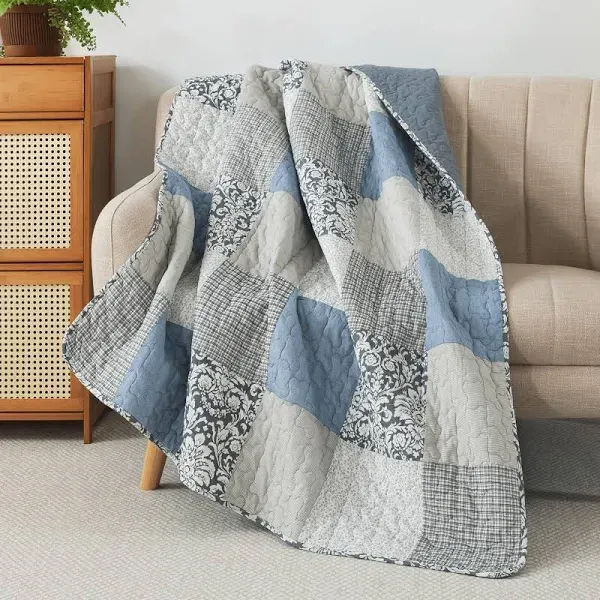 Sweet Dreams 50" x 60" Cotton Quilted Throw Blanket, Blue and Gray Cottage Throw Quilt for Couch, Lightweight Pieced Patchwork Lap Quilt with Country Style