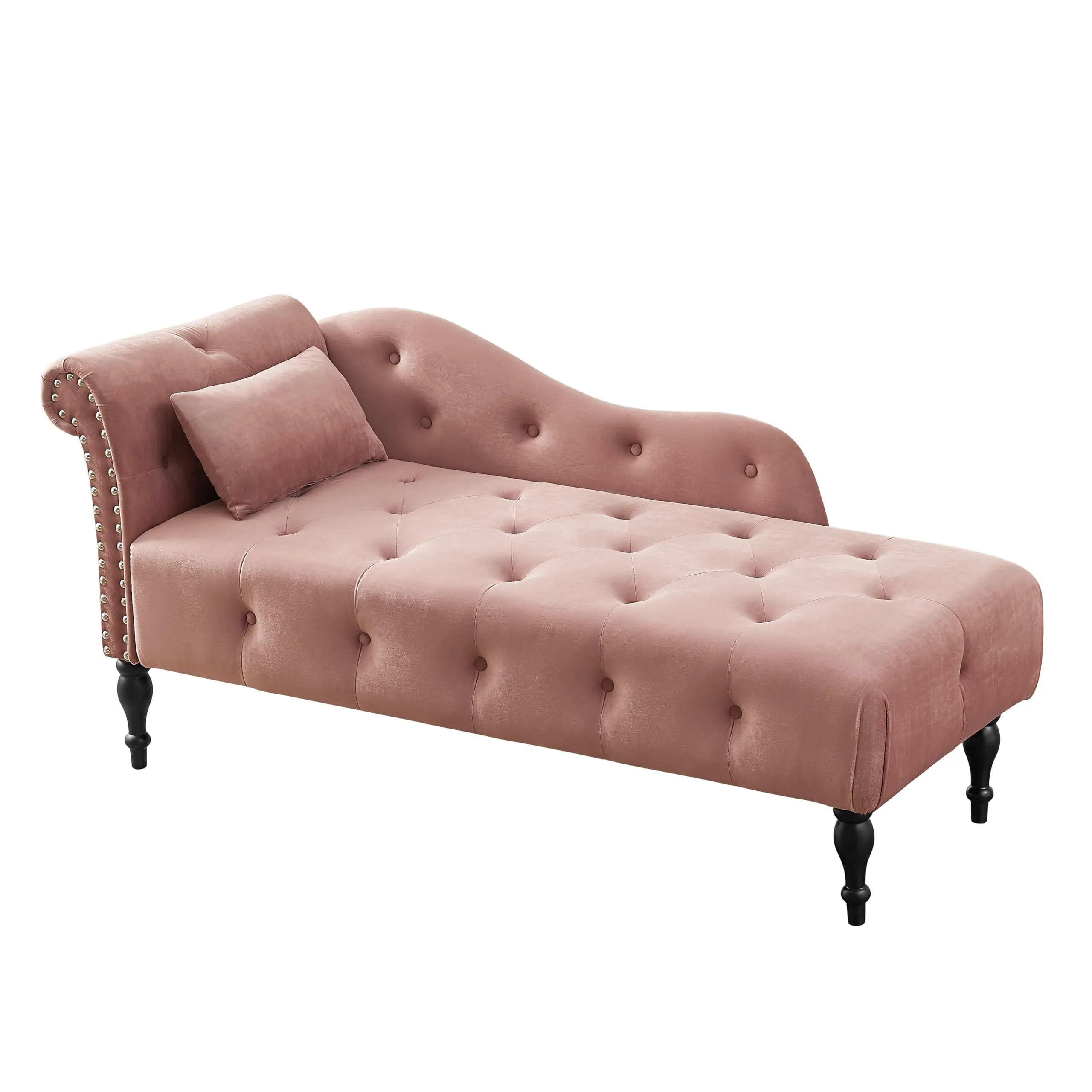 Velvet Chaise Lounge Indoor, Modern Lazy Chaise Sofa Bed with Buttons Tufted Nailhead Trimming & Rolled Left Armrest Design and 1 Pillow for Bedroom & Living Room(Rose)