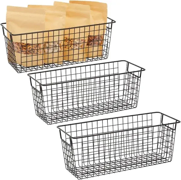 3 Pack Metal Wire Storage Baskets for Shelves, Pantry, Closet, Long Narrow Organizer Bin, Black, 16 x 6 x 6 In