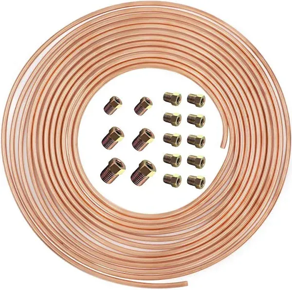 Brake Line Copper Coated Alloy 25 Feet 3/16 Inch Tubing Kit 16 Inverted Fittings