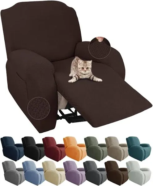 JIVINER 4-Piece Recliner Chair Covers Stretch Jacquard Chair Covers for Recliner Chair Recliner Slipcovers for Living Room Soft Recliner Protector with Pocket (Recliner,Dark Coffee)