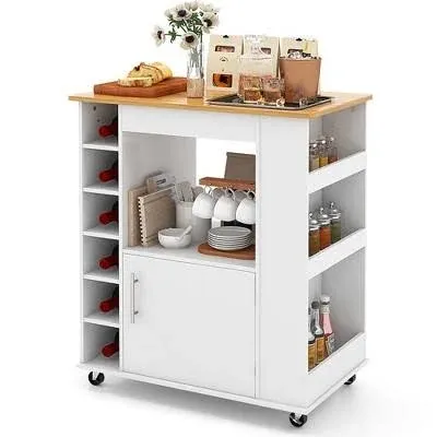 LOKO Mobile Kitchen Island with Storage, Rolling Microwave Cart with Bamboo Top, 6-Bottle Wine Rack, 3 Tier Spice Rack, Kitchen Cart with Towel Rack on Wheels, for Dining Room Coffee Bar, White