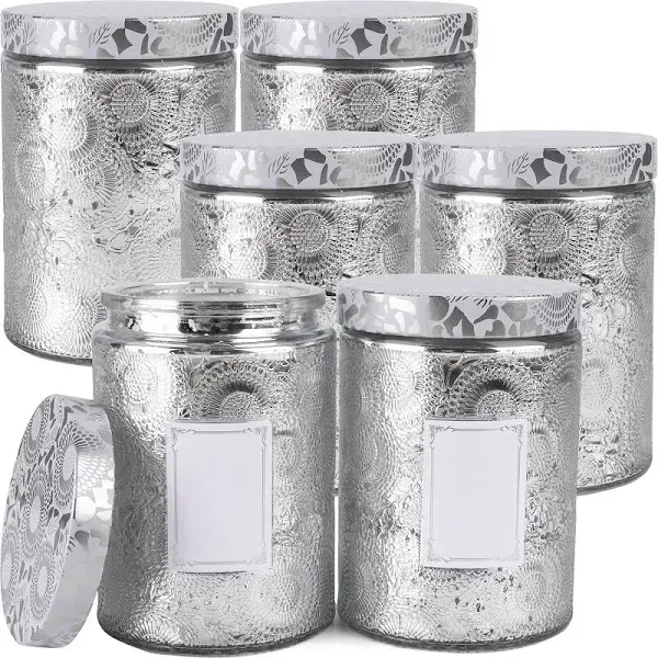 17.3oz Embossed Glass Candle Container with Tin Lid and Labels - Pack of 6 (Shining Silver)