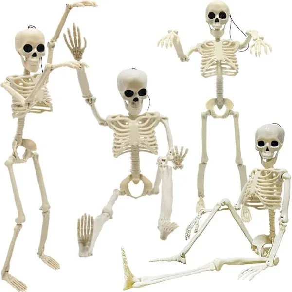 CAMIRUS 4PCS Halloween Skeleton Decorations, 16" Full Body Plastic Mini Little Skeleton Posable Joints Poseable Skeleton for Skeleton Halloween Party Hanging Decoration Yard Lawn Garden Patio Decor