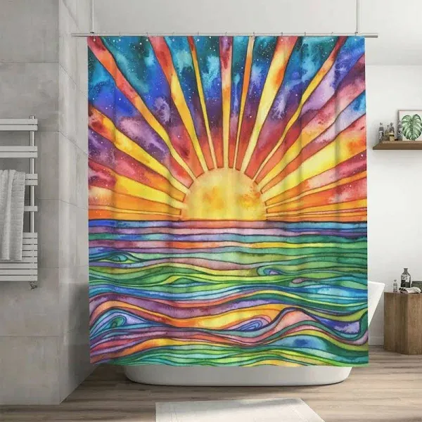 Boho Shower Curtains for Bathroom, Abstract Colorful Sun Shower Curtain, 