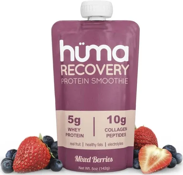 Huma Recovery Protein Smoothie, 12 Pouches – 15g Collagen + Whey Post Workout Recovery Drink – Ready-to-Drink Protein Shake with Real Fruit, Electrolytes, Healthy Fats