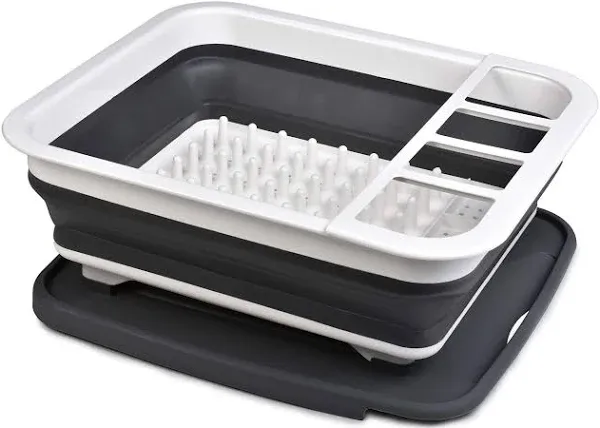 Masirs Pop-Up Collapsible Dish Drying Rack: Convenient Storage, Drains into Sink, Eight Large Plate Capacity, Sectional Cutlery and Utensil Compartment. Compact and Portable Design.