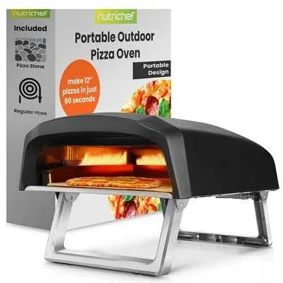 NutriChef Portable Outdoor Gas Pizza Oven - Includes Foldable Feet, Adjustable Heat Control Dial, Burner, Stone & Regulator Hose - Cooks 12" Pizza in 60 Seconds - 25.24'' x 16.14'' x 12.40'' IN