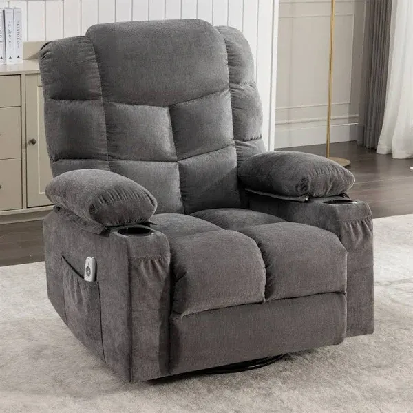 SYNGAR Swivel Recliner Chair for Adults, Living Room Fabric Recliner Chair with Massage and Heat, Single sofa with USB Port, Cup Holder, Side and Front Pocket, Gray