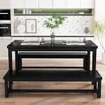 AWQM 43.3" Dining Table Set for 4 with 2 Benches, Metal Frame & Thickened Board for Kitchen, Restaurant, Black