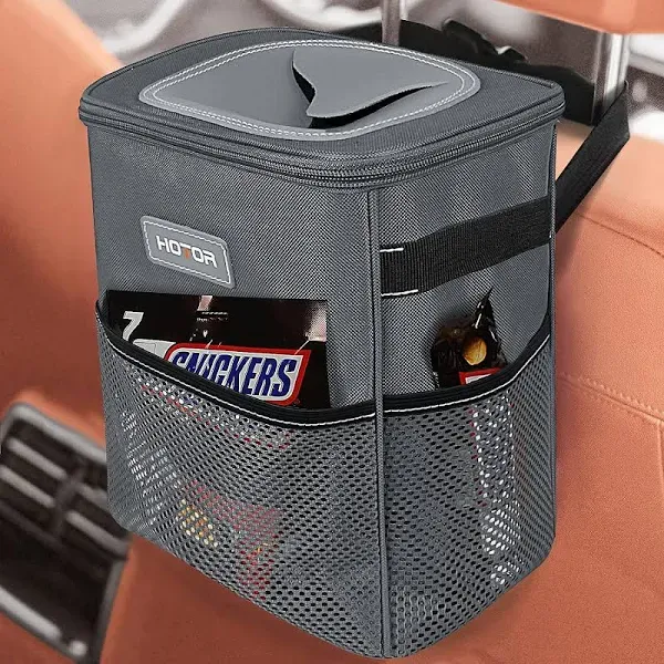 HOTOR Car Trash Can with Lid and Storage Pockets, 100% Leak-Proof Car Organizer