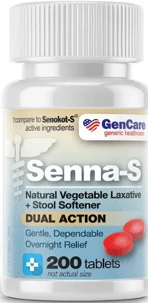 GenCare - Senna-S Natural Vegetable Laxative Plus Stool Softener Dual Action (200 Tablets) Value Pack | Gentle Dependable Overnight Relief of Occasional Constipation Generic for Senokot-S