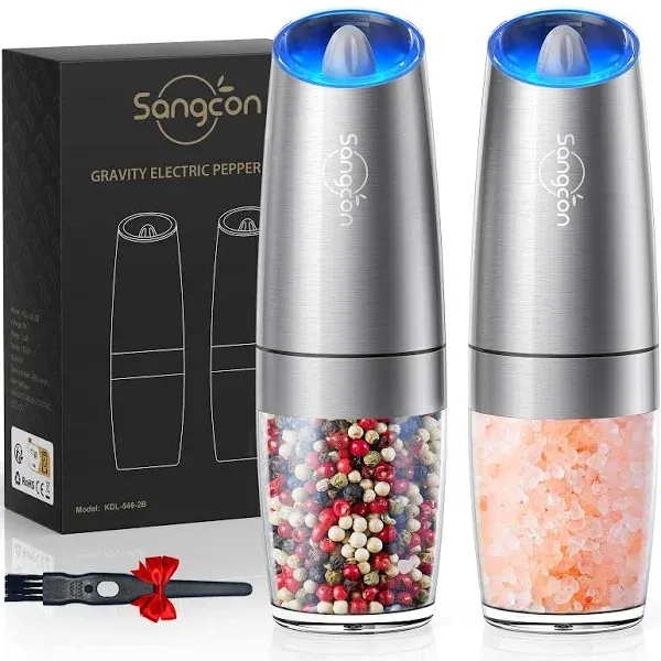 Sangcon Gravity Electric Pepper and Salt Grinder Mill Set Automatic Shakers Grinder with LED Light, Battery Powered Adjustable Coarseness One Hand