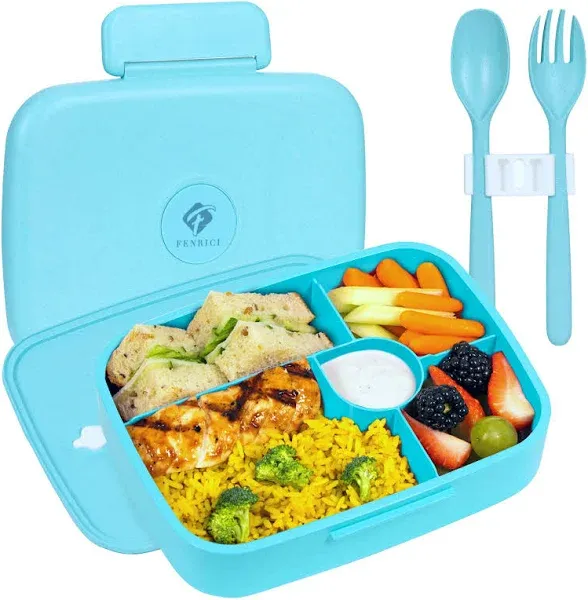 Fenrici Bento Lunch Box For Kids and Teens, Made with Natural Wheat Straw and Food Grade Silicon, 5 Leakproof Compartments, BPA-Free Bento Box, Microwave and Dishwasher Safe, Green