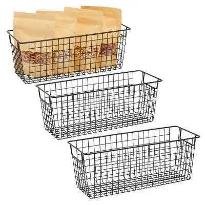 3 Pack Metal Wire Storage Baskets Shelves Pantry Closet Long Narrow16 x 6 x 6 In