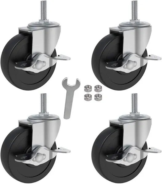 AAGUT Brake Stem Casters Wheel 3/8"-16x1", 3 inch Locking Swivel Rubber Castor Wheels Replacement for Carts, Furniture, Dolly, Workbench, Trolley 4 Pack