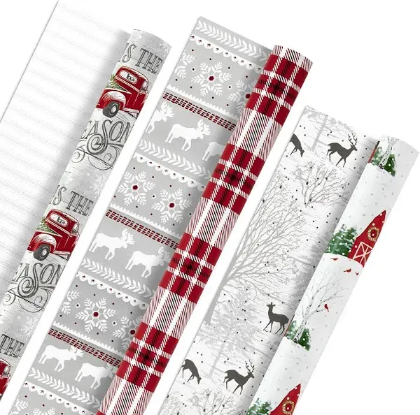 Holiday Wrapping Paper Rolls - Rustic Christmas Gift Wrap Paper (Set of 3 Revers