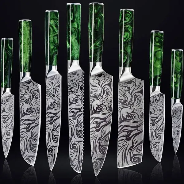 Senken Engraved Japanese Kitchen Knife Set with Beautiful Green Resin Wood Handles - Wasabi Collection - Chef's Knife, Bread Knife, Cleaver Knife,