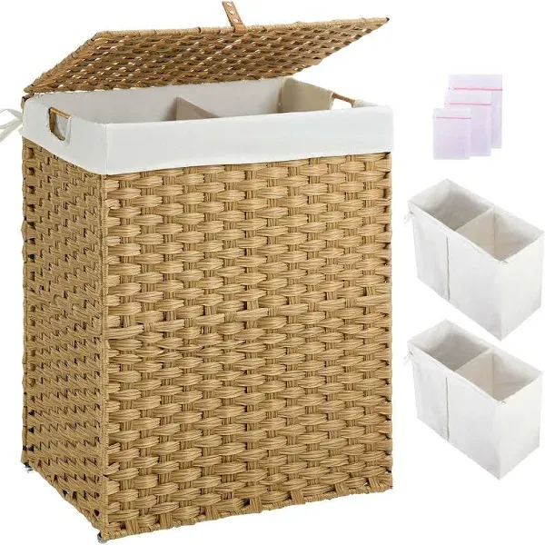 Greenstell Laundry Hamper with Lid No Install Needed 90L Wicker Laundry Baskets Foldable 2 Removable Liner Bags 2 Section Clo