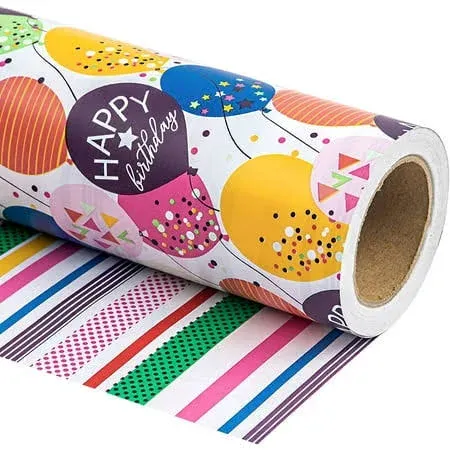  Birthday Reversible Wrapping Paper - Mini Roll - 17 Inch X 33 Feet - Balloon