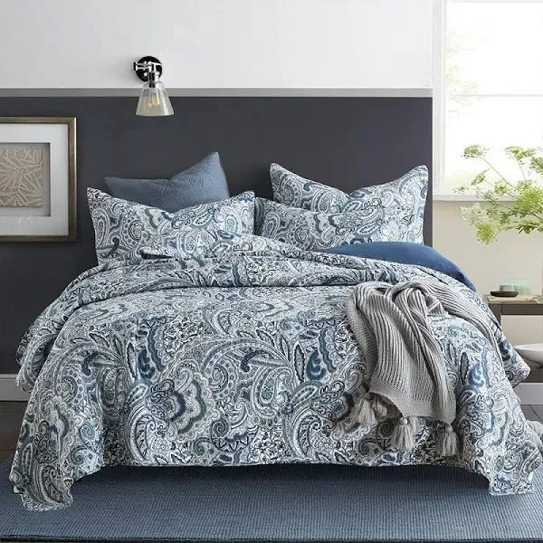  Cotton Bedspread Quilt Sets, 3 Pieces King (96by108 inch) Blue Floral Paisley