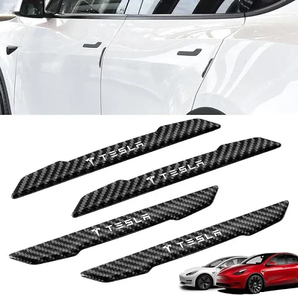 4 Pcs Car Door Corner Bumper Guards Strip Compatible with Tesla Model 3 Y X S Exterior Sticker Wrap Handle Cover Real Carbon Fiber Anti-Collision Edge Protect Trim Accessories (Black)