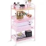 KINGRACK 4-Tier Metal Rolling Utility Cart, Pink, Flexible, Sturdy, Easy Assembly, Anti-Rust, Waterproof, Scratch-Resistant, Breathable Mesh Basket, Ideal for Home Storage