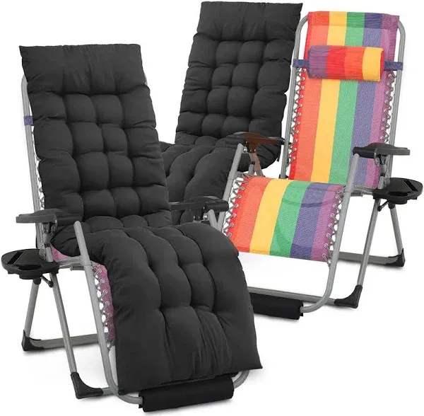 MoNiBloom Zero Gravity Lounge Chairs Set of 2 with Cushion, Padded Patio Anti Gravity Recliner, Foldable Outdoor Lounger with Cup Holder Tray, Headrest and Footrest for Beach Camping, Rainbow