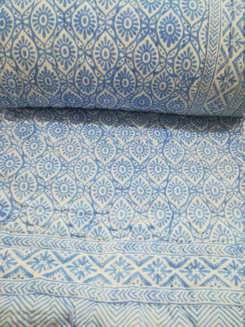 New Indian Reversible Quilt Soft Cotton Quilt Decor New Blue Floral Print Quilt Bedding Kantha Quilt Bedding Kantha Throw