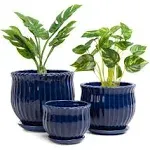 Ceramic Flower Pots, Ceramic Planters with Drainage Hole and Saucer, Blue-3