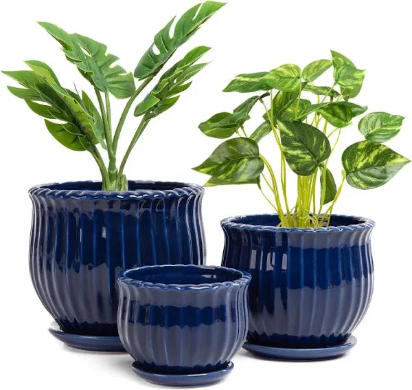 Ceramic Flower Pots, Ceramic Planters with Drainage Hole and Saucer, Modern Round Ceramic Succulent Plant Pots with Stripe Texture, Small to Medium Sized, Set of 3, Navy Blue