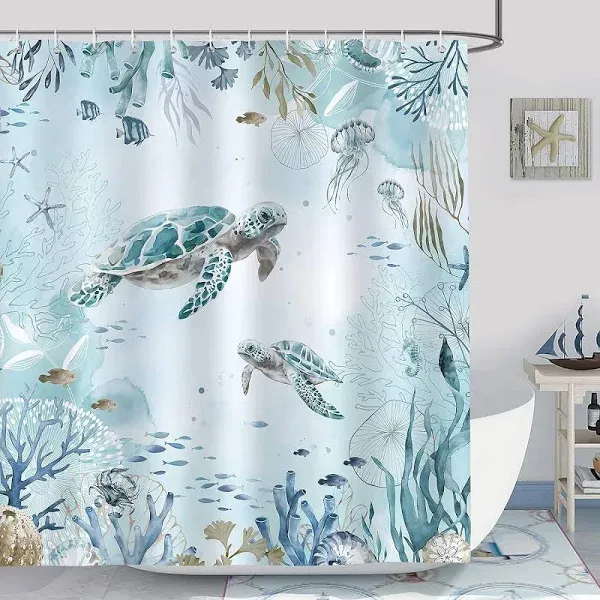 Sea Turtle Shower Curtain for Bathroom Teal Blue Ocean Beach Coastal Decorative