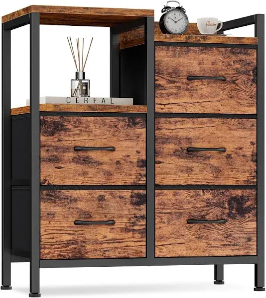 Furnulem Industrial Dresser for Bedroom, Small Storage Unit Organizer with 5 Fabric Drawers and 2-Tier Side Shelves