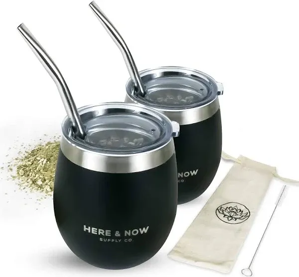 Here &amp; Now Yerba Mate Cup and Bombilla Set | 2 Mate Gourds, Spill Resistant Lids