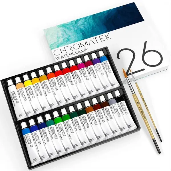 CHROMATEK Watercolor Paint Set | 26 x 12ml Tubes of Liquid Water Color Paint | 2 x Professional Brushes | Richly Pigmented Vibrant Colors | Adults, Children, Beginners and Artists Paint Set