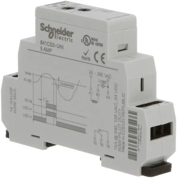 Schneider Electric 841CS5-UNI Current sensor relay, SE Relays, SPDT, 15A, 24 to 240 VAC, 1 time scale, 500 mA to 5 A, DIN mounting