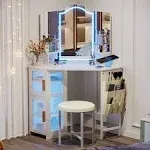 LVSOMT Corner Vanity Desk with Mirror and Lights, Makeup Vanity with Charging Station, Dressing Table with 3 Lighting Options, Vanity Set with Stool, Women’s Vanity for Bedroom, White