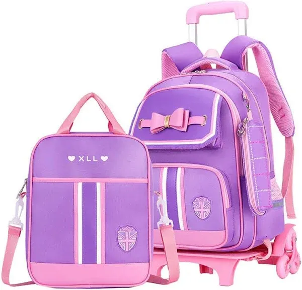 MITOWERMI Rolling Backpack for Girls Cute Trolley Bags Primary School Bookbags with Wheels Kids Carry-On Wheeled Backpack with Lunch Bag