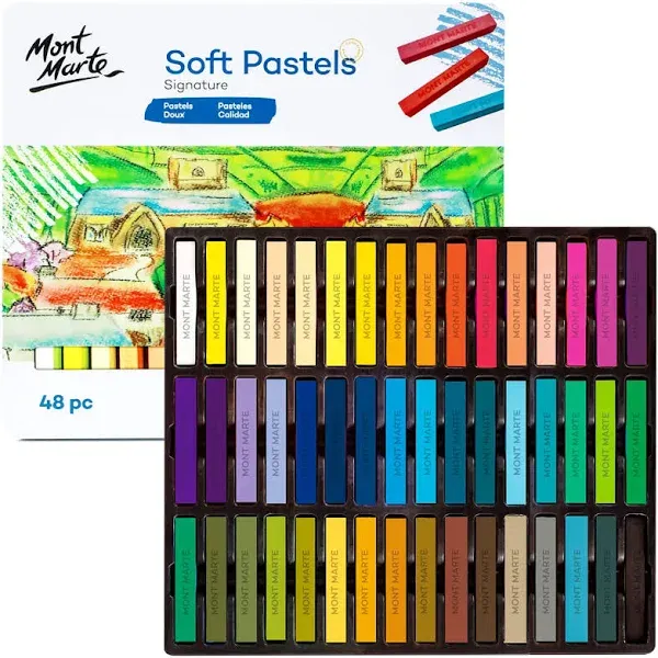 Mont Marte Soft Pastels in Tin Box Signature 48pc 48 Assorted Colors Vibrant Pastel Sticks Great Blending Comes in Storage Case Ideal for Art C