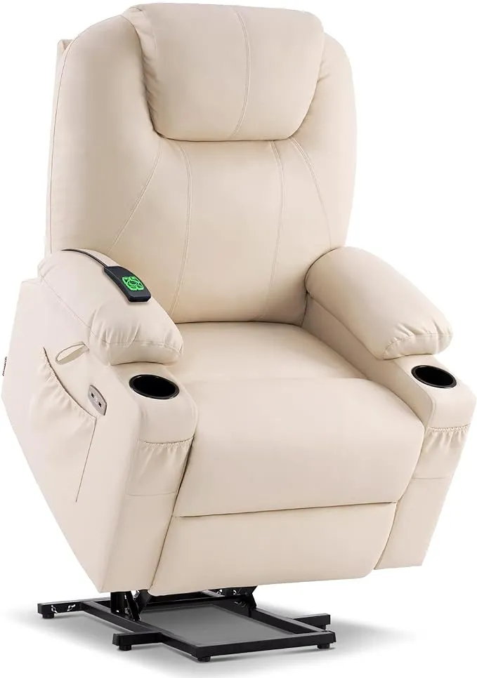 MCombo Large Lay Flat Dual Motor Power Lift Recliner Chair Sofa with Massage and Heat, USB Ports, Extended Footrest, for Elderly People, Infinite Position, Faux Leather 7815 (Cream White)