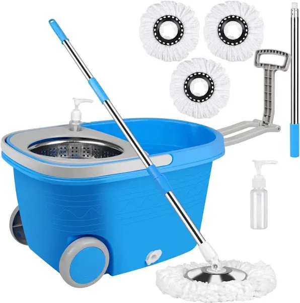 360°Spin Mop and Bucket with Wringer Set Adjustable Handle Easy Moving w/ Wheels