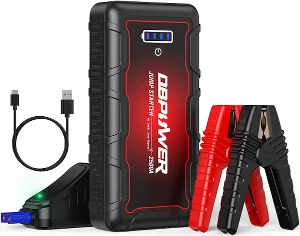 DBPOWER Jump Starter 2500A Peak 74Wh Portable Car Jump Starter (Up to 10L Gas/8L Diesel Engine) 12V Auto Battery Booster Pack with Smart Clamp Cables, Quick Charger, LED Light Jump Box