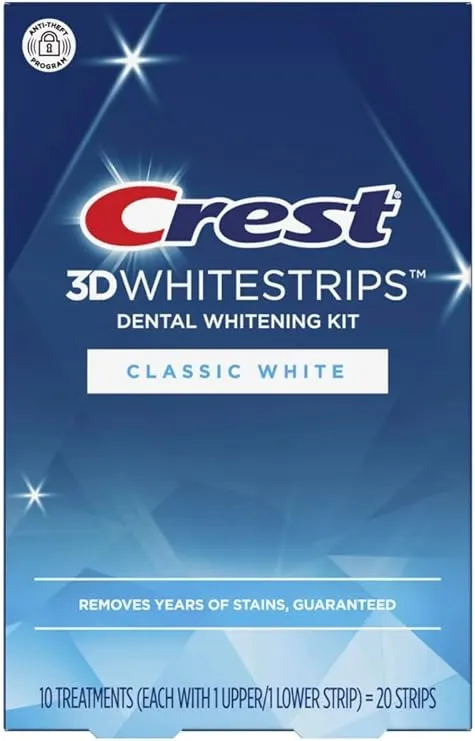 Crest 3D Whitestrips Dental Whitening Kit, Classic White, 20 Strips - 10 Treatments.