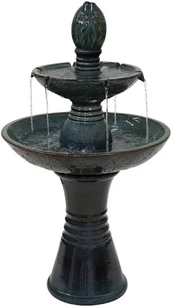 Sunnydaze Double Tier Outdoor Ceramic Water Fountain with LED Lights