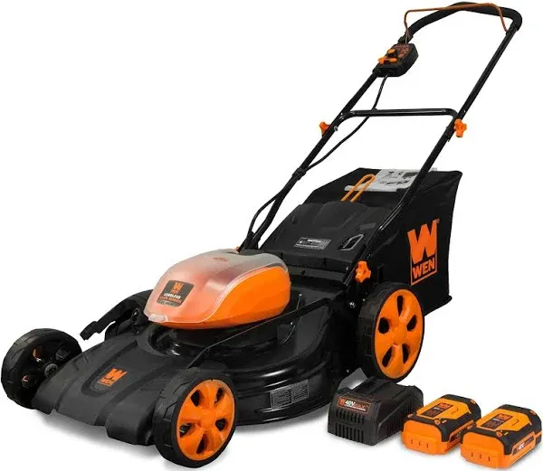 WEN 40441 40V Max Lithium Ion 21-Inch Cordless 3-in-1 Lawn Mower with Two Batteries, 16-Gallon Bag and Charger