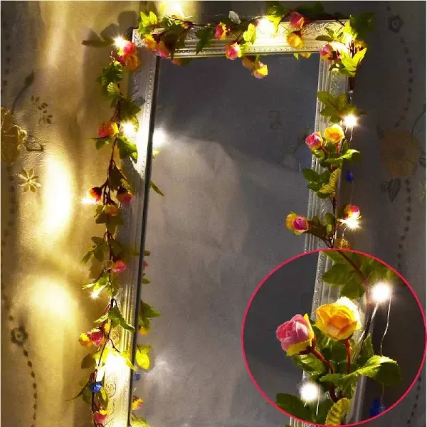 Fielegen 20 LED Rose Flower String Lights Battery Powered 7.2ft Artificial Flower Garland with Lights Rose Vine Fairy Lights for Valentine Day