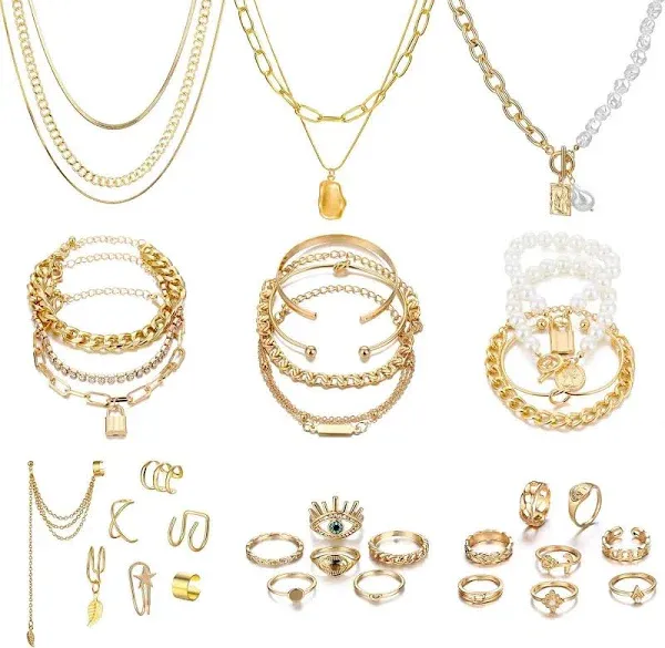 36 PCS Gold Plated Jewelry Set with 4 PCS Necklace, 11 PCS Bracelet, 7 PCS Ear C