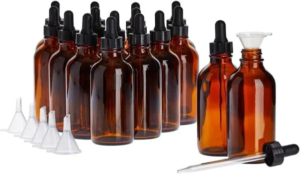 Juvale 15 Pack 4oz Amber Glass Bottles with Eye Dropper Dispenser and 6 Funnels for Essential Oils